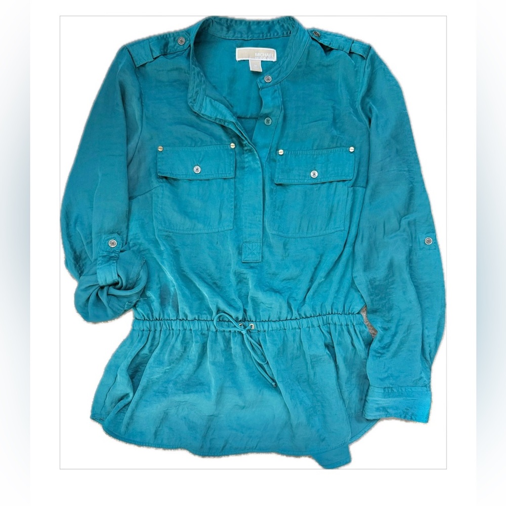 Michael Kors Blue-Green Teal Button Up Utility Shirt Top | Vintage Sheer Blouse - Picture 4 of 13